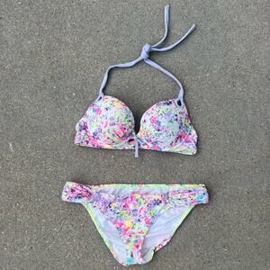 Victoria’s Secret 34C/M The Gorgeous Push-up Knockout Bikini Neon Splatter Foil